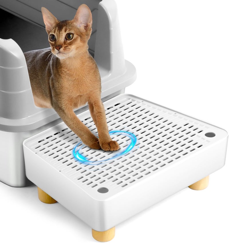 Bartuke Extra Large Cat Litter Box Step Ramp, Cat's Litter Catcher Mat with Wooden Feet, Filter Function, Pedal Stool for Self-Cleaning Cat Litter Box, Ideal for Kitten & Elderly Cats (White) - Image 1